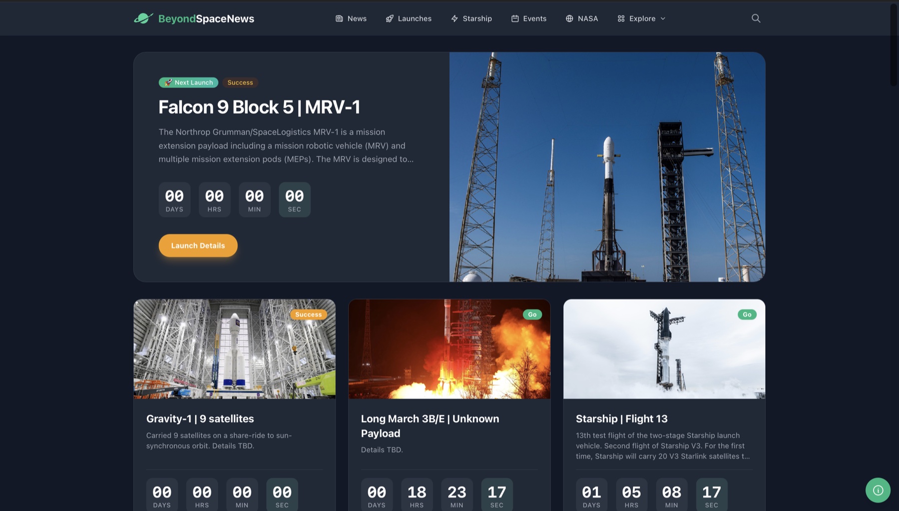 BeyondSpaceNews launch dashboard showing Falcon 9 and upcoming missions
