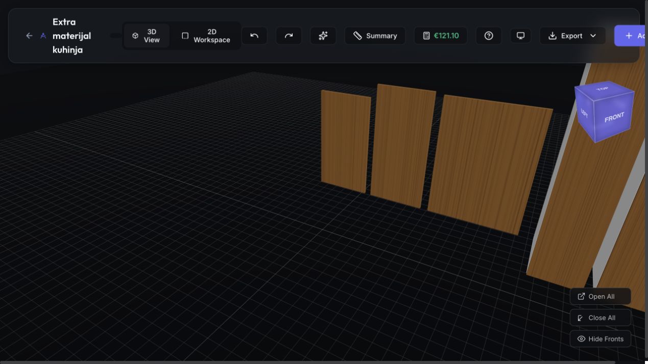 Cabinet Planner 3D editor showing a cabinet project and production tools